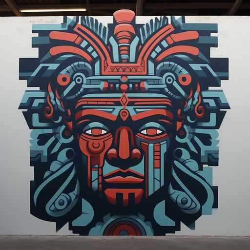 Aztec head and adobe, in a mythology-inspired bold style
