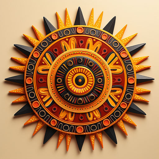 Colorful sun shape in center, traditional motifs, African art, hand-painted details