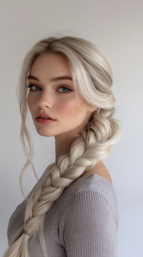 Blonde woman with long hair, white background, makeup
