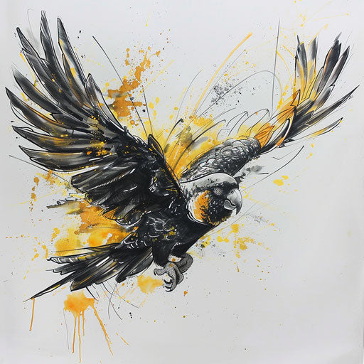 Bold sketch of a flying yellow-tailed black cockatoo