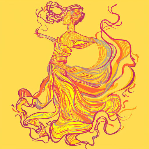 Dynamic flat tattoo sketch of Venus dancing, swirling cloth, vivid yellow and orange, clipart style