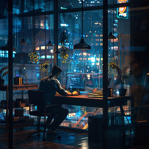 Tech entrepreneur coding late in a startup hub