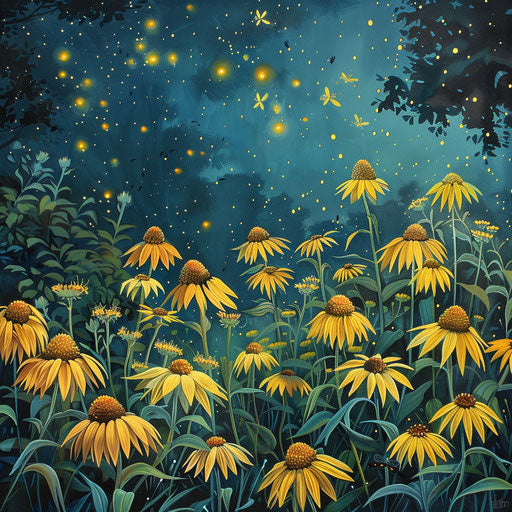 Yellow flowers lit by fireflies: magical scene