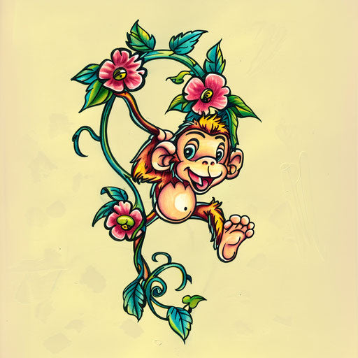 Playful monkey swinging on vine in colorful clipart style