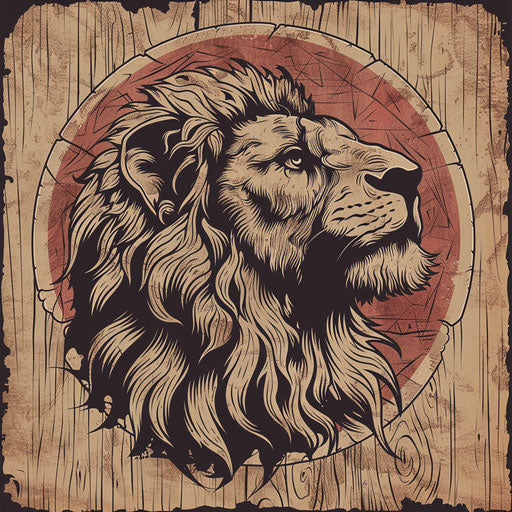 Rustic woodcut tattoo sketch of the Lion of Judah, mimicking carved wood textures in earth tones, flat style