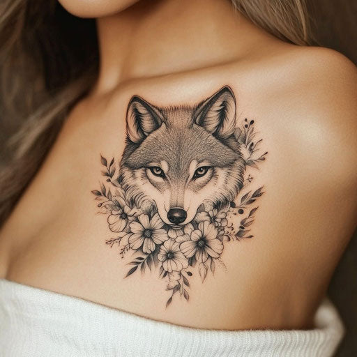 Flower tattoos for women with a wolf surrounded by forest flowers