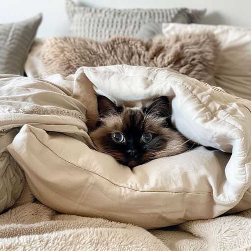 Himalayan cat hidden in a pile of soft pillows