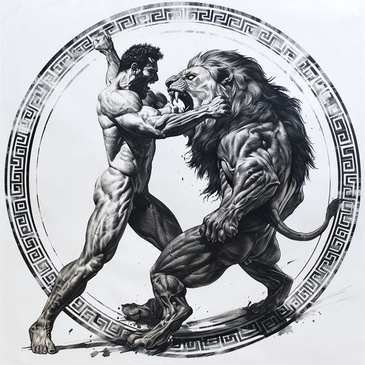 Hercules fighting the Nemean lion in dramatic Greek tattoo