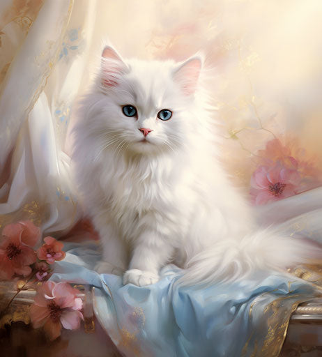 Fluffy white cat on white carpet, light maroon and light indigo style