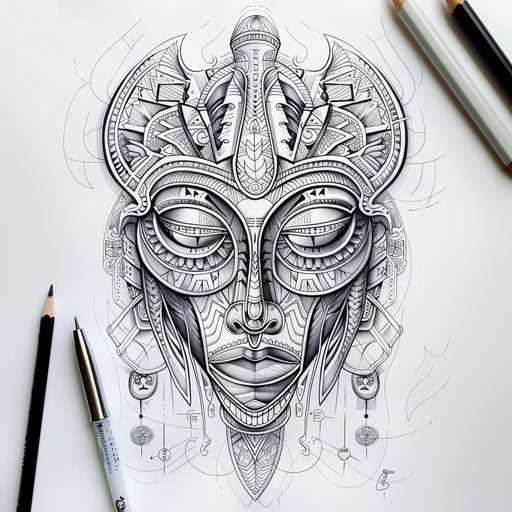 African mask with fine lines and detailed shading on white canvas