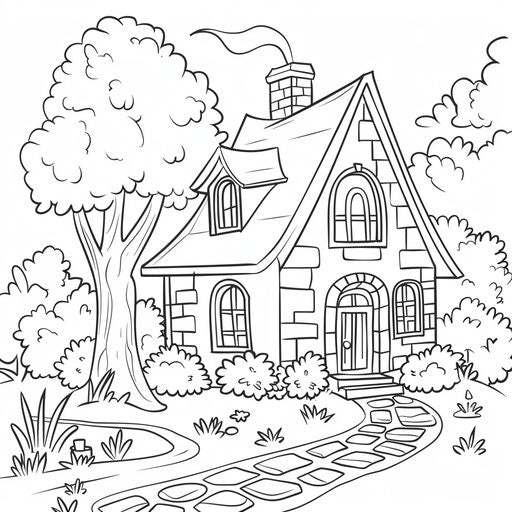 House with garden and tree for coloring by children