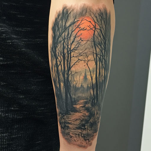 Back of arm tattoo in the style of Gerald Brom with haunted forest