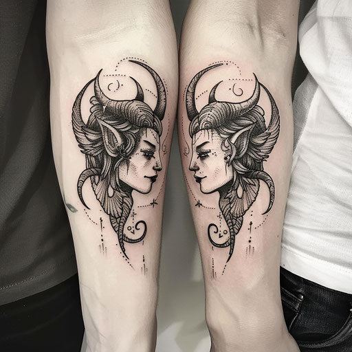 Friendship tattoos in the style of David Palumbo with dark, mythical symbols