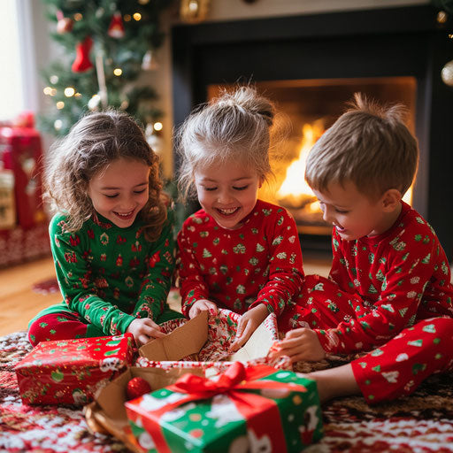 Children in red and green pajamas eagerly unwrapping gifts by the fireplace on Christmas morning