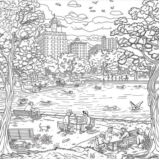 City park in spring with people and pets