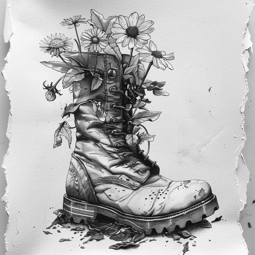 Detailed black ink drawing of military boot with wildflowers, life and death, on white paper