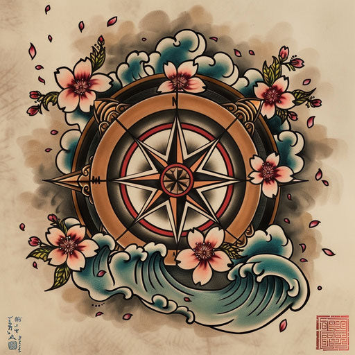 Sketch of a traditional Japanese tattoo of a compass rose with waves and cherry blossoms in rich colors