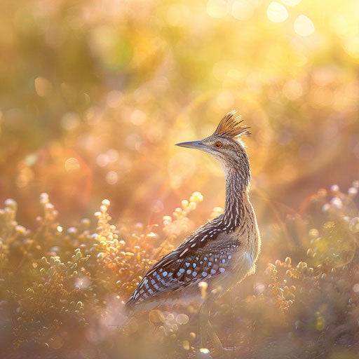 Running bird in a sunlit field with soft lighting