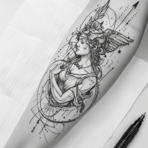Elegant flat tattoo sketch of Artemis surrounded by stars and wildlife