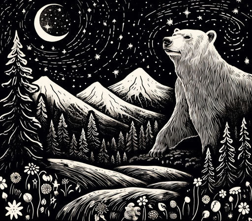 Bear in a starry night sky in black and white