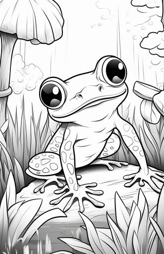 Coloring pages of a frog with big eyes, in the style of stenciled iconography