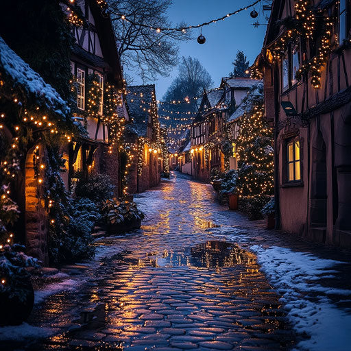 Cobblestone street of a historic village glowing with Christmas lights