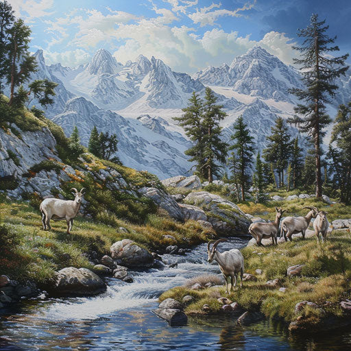 Mountain goats near a tranquil stream