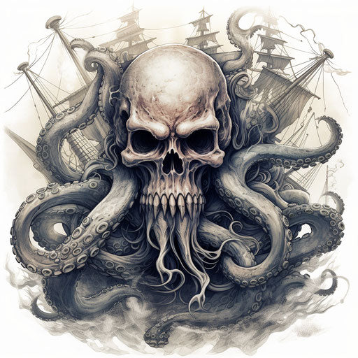 Octopus with skull and ship, distorted proportions style