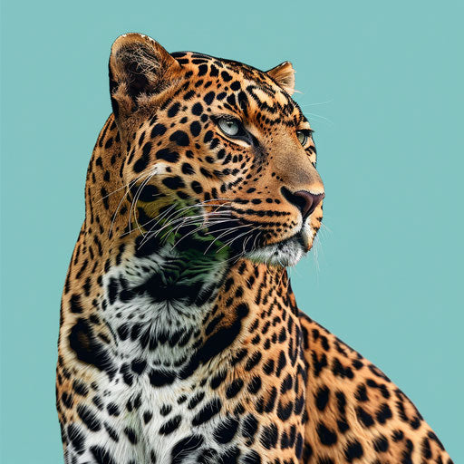 Realistic leopard clipart on flat, serene aqua background