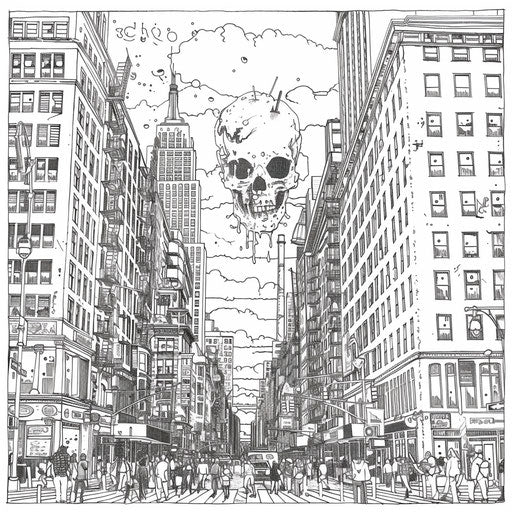 Vibrant city scene with a skull incorporated into urban graffiti