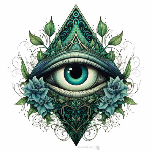 All-seeing eye - geometric floral tattoo in black and green