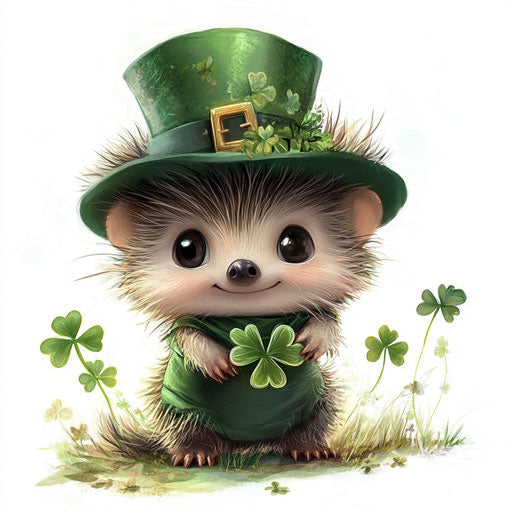 St. Patrick's Day, a cute baby hedgehog dressed in green with a big hat and clovers, on a white background, digital art in the style of [Artist name]
