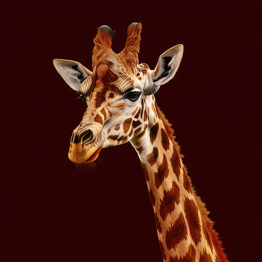 Realistic giraffe clipart on rich burgundy background