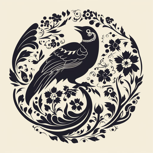 Bird pattern in circle, baroque style, stencil-based