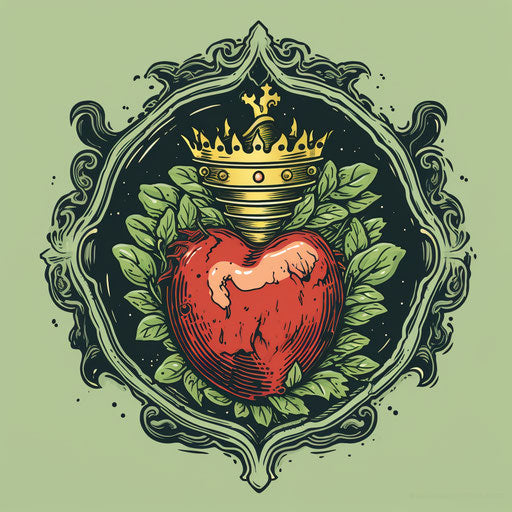 Hand drawn vegan tattoo design with heart, leaves and crown