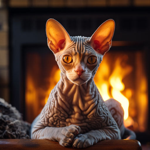 Devon rex cat in front of a fire in a fireplace