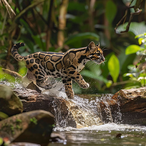 Bornean clouded leopard leaps across small creek