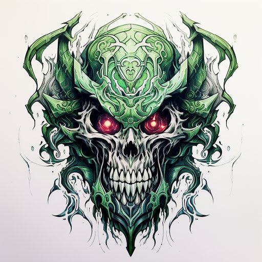 Evil demon skull with green eyes in white and silver style, acidwave, meticulous inking, stencil-based, commission for, 3d