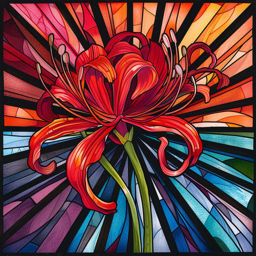 Stained glass style tattoo sketch of a red spider lily with vibrant, translucent colors segmented by black lines