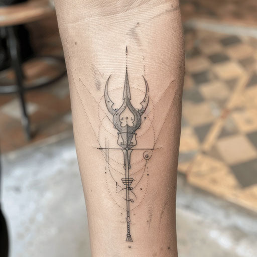 Abstract trident tattoo combining geometric shapes