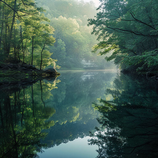 Serene lake reflecting the majesty of the Ozark Mountains at dawn