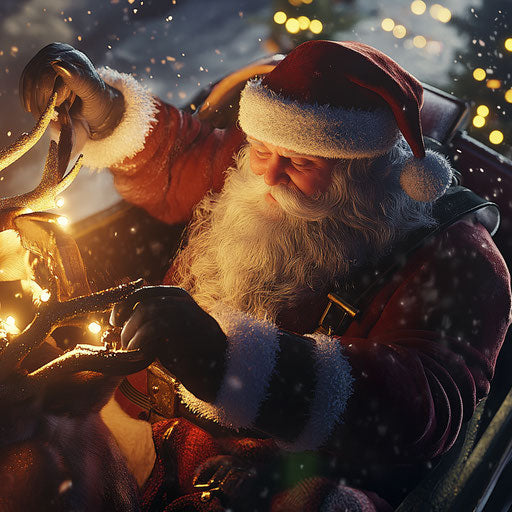 Santa in his sleigh with glowing reins as the reindeer run