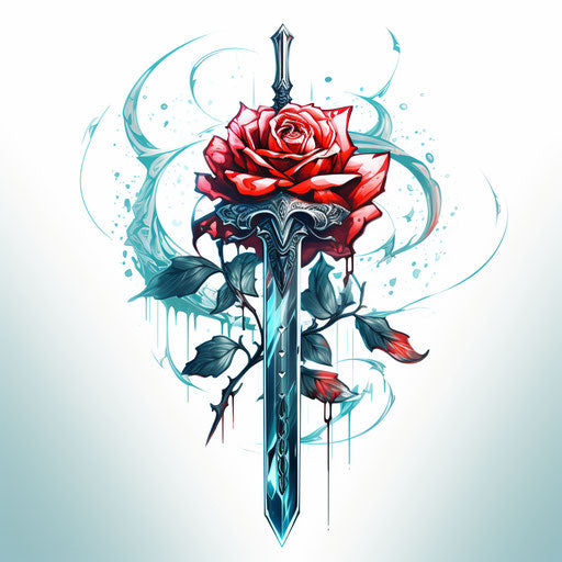Rose and sword, light blue and red cartoon style