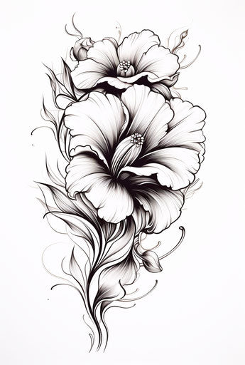 Elegant black and white ink drawing of a flower
