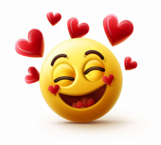 Yellow smiley face with closed eyes and winking, surrounded by three red hearts.