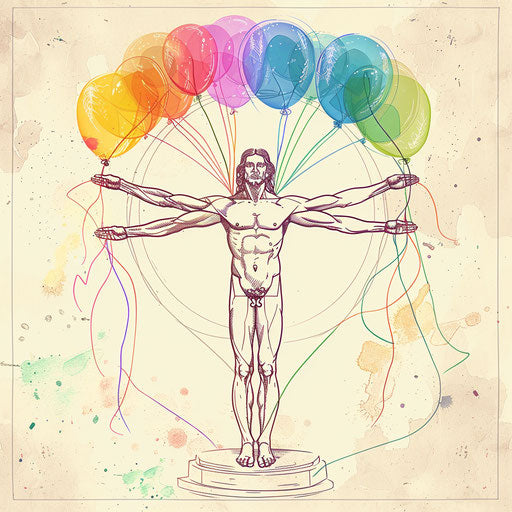 Vitruvian Man with colorful balloons