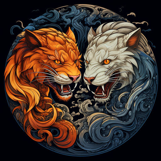 Two Chinese tigers and dragon depicted, contrasting colors style