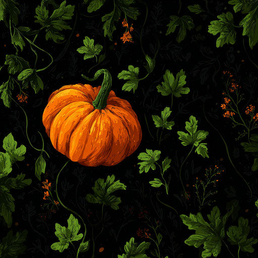 Bright Pumpkin and Green Foliage on a Black Background