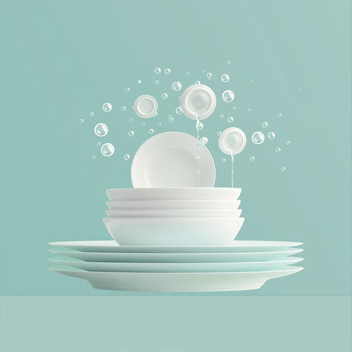 Realistic washing dishes clipart on a flat, serene aqua background