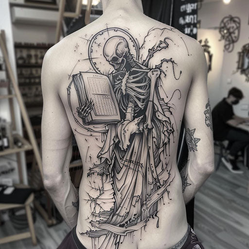 Bold and dark flat tattoo sketch with a shinigami holding the book of life and death